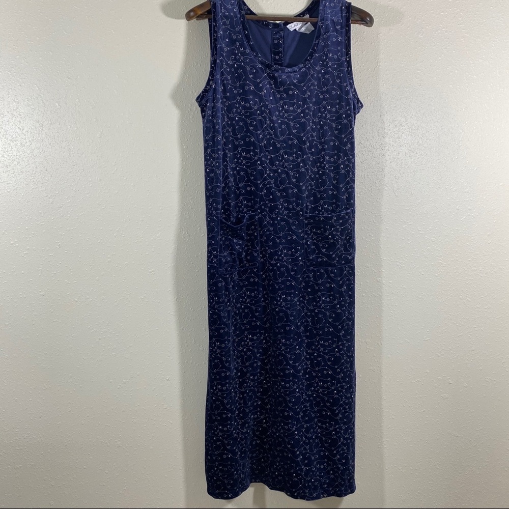 Vintage Claudia D. Blue Velvet Maxi Dress Button Down Boho pockets Sleeveless